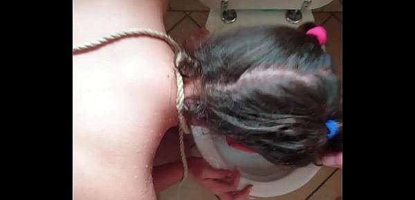  Bitch on leash gets piss | slapped | spit in her face and fucked with her head in the toilet.